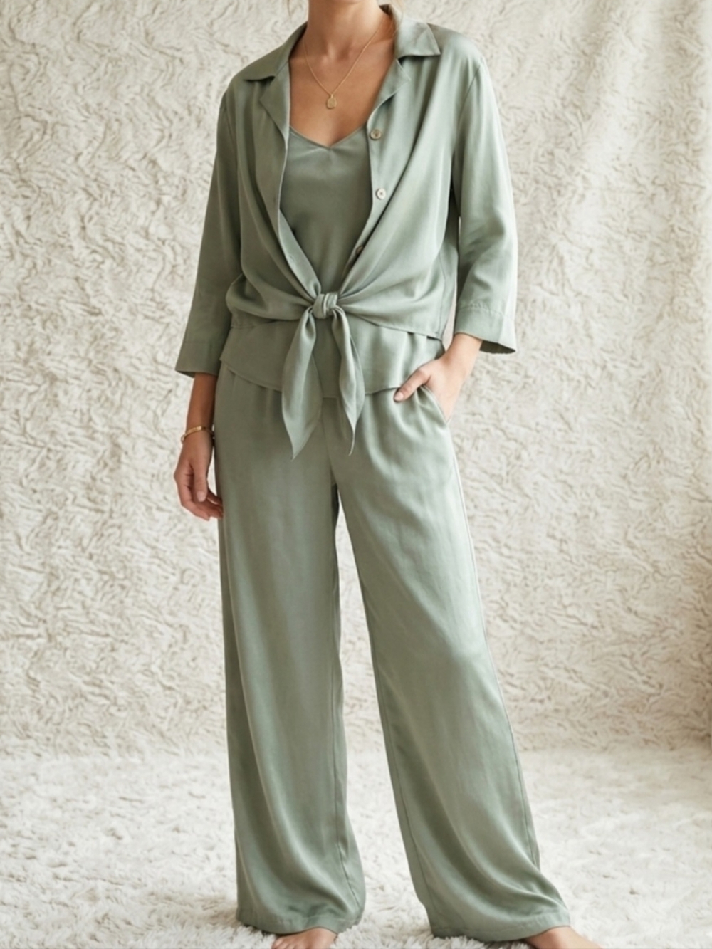 Vintage Aliki Yamani Creation Resort Set Sage Green 100% Silk Sz XL Euro Summer